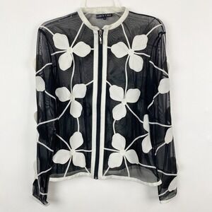 Dolce Cabo Floral Applique Mesh Jacket Womens Small Black White Sheer Zip Up